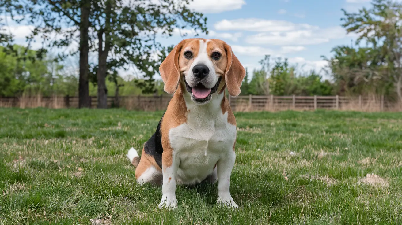 A happy Beagle sitting on a grassy field, looking alert and playful, with a bright and healthy coat.