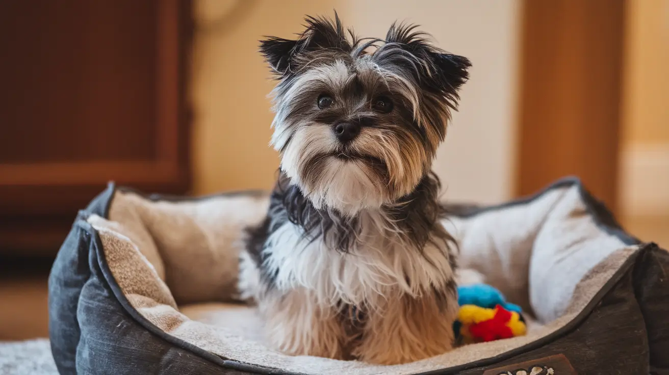 A small Morkie dog sitting on a cozy pet bed, looking playful and alert. The fur is well-groomed, and a toy is nearby, reflecting an engaging and loving home environment.