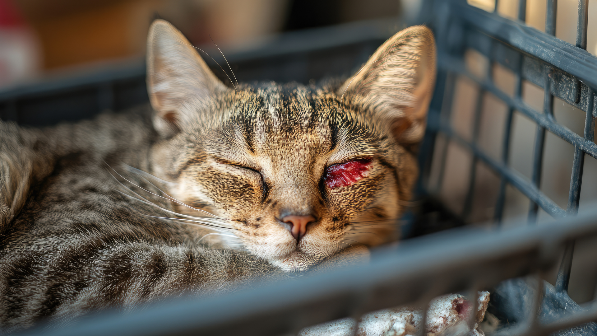 A fluffy Maine Coon cat receiving a veterinary wellness check with pink circular eye covers