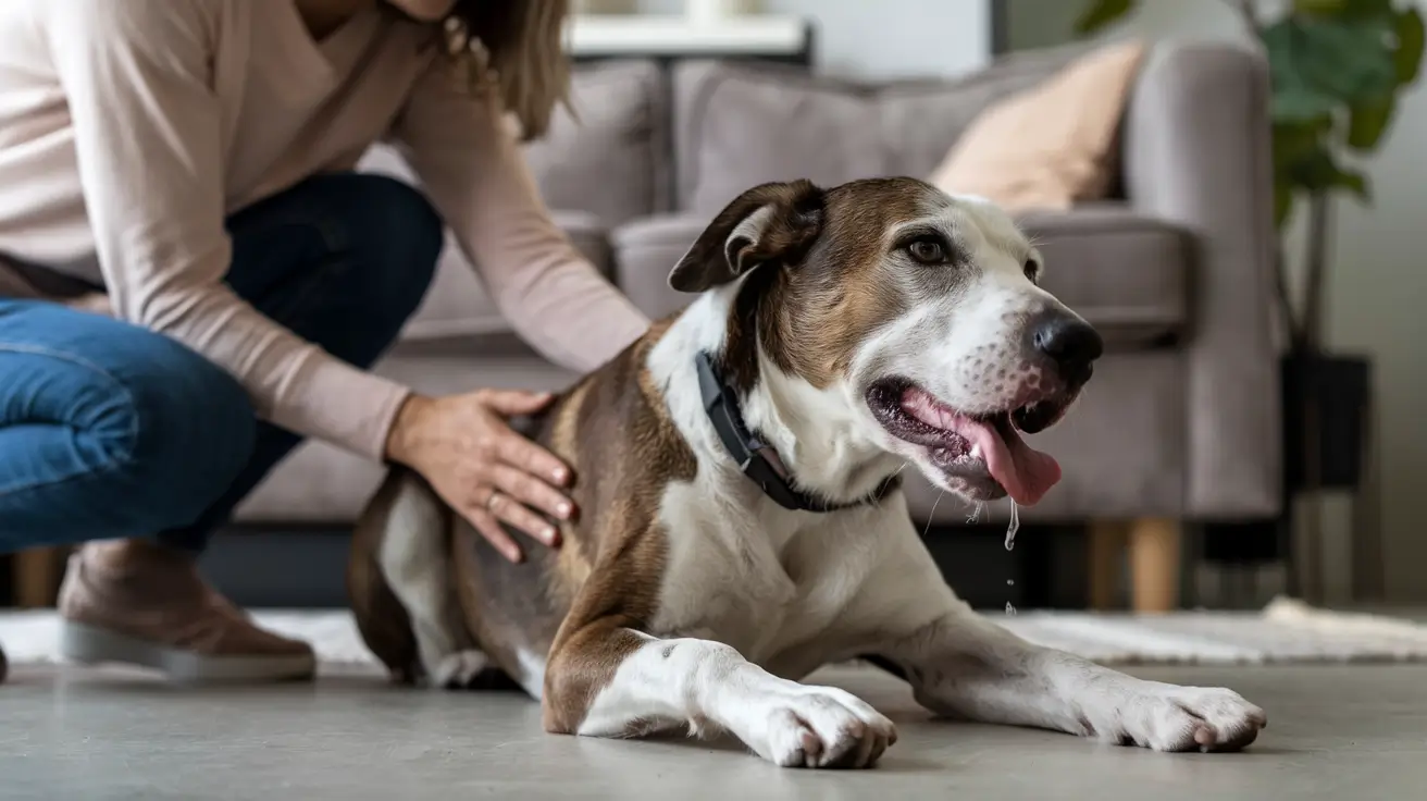 A concerned pet owner observing a dog with visible signs of distress, such as drooling or retching, in a cozy home setting.