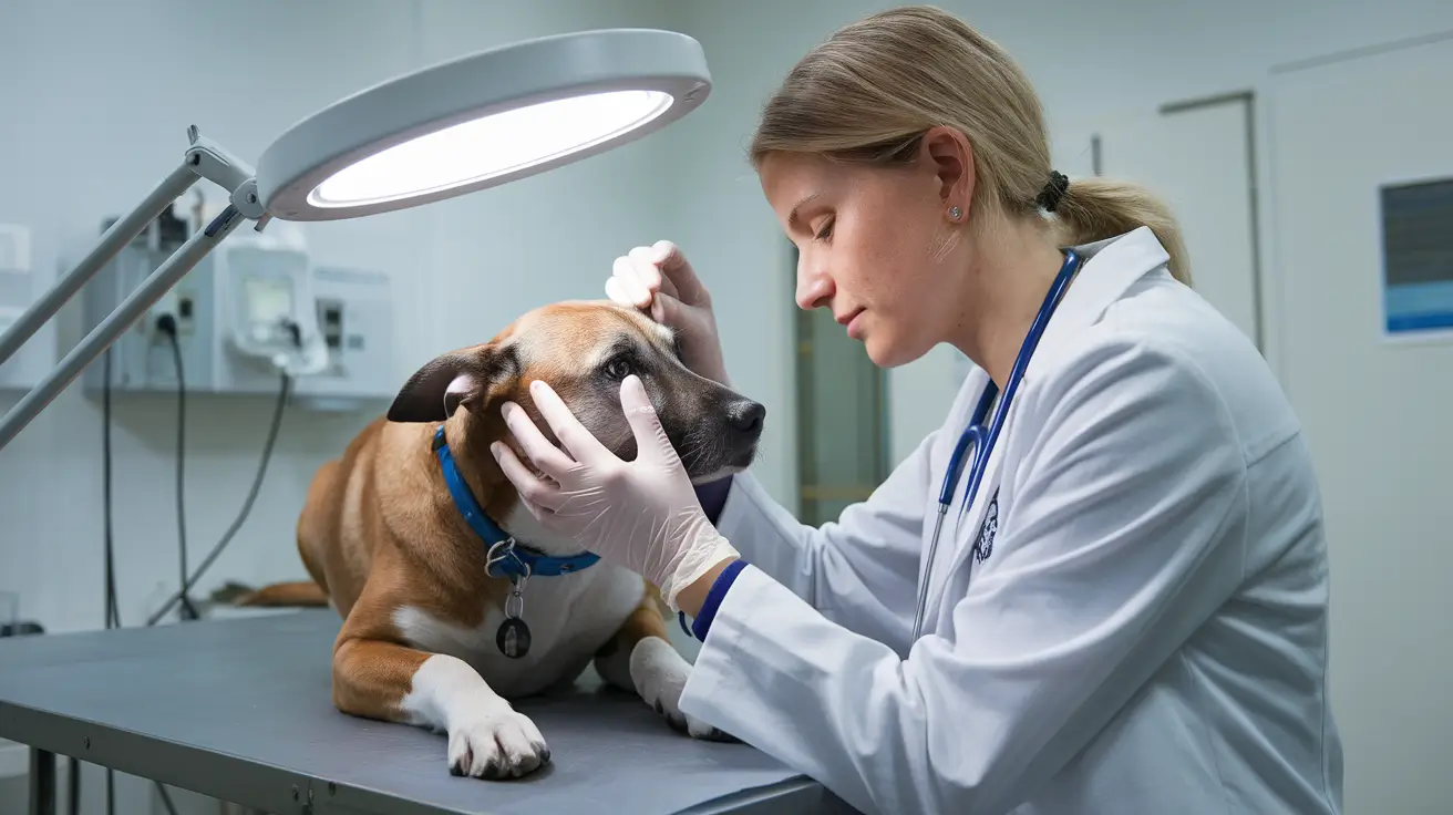 A veterinarian gently examining a dog's eye while the dog remains calm in a clinical setting.