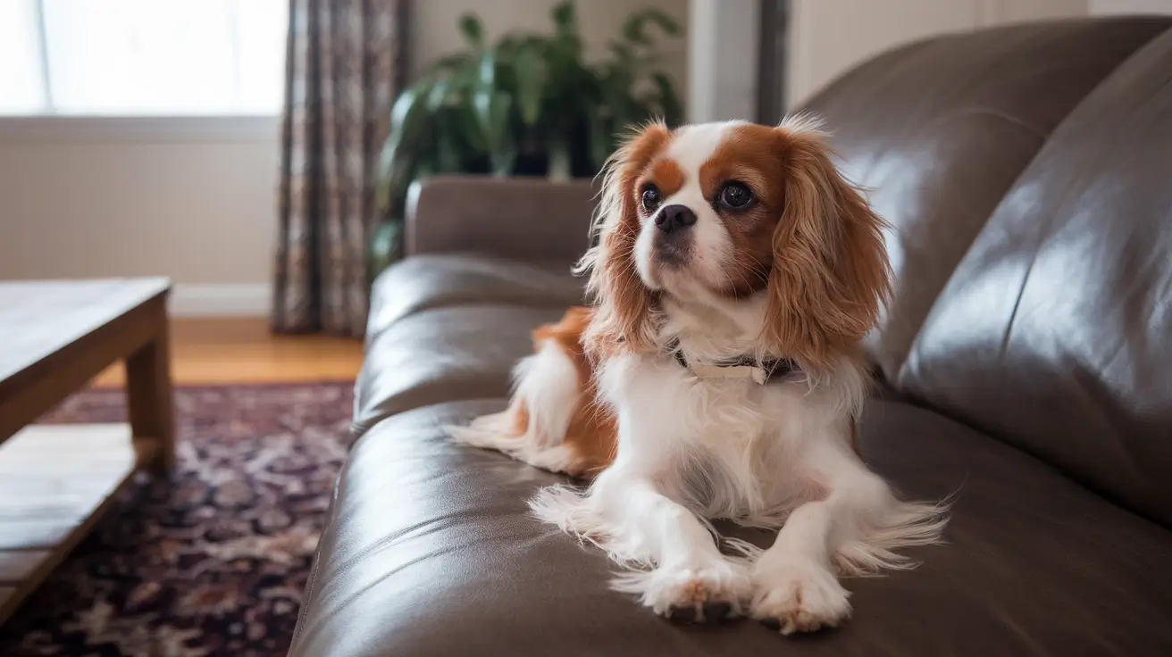 A well-groomed Cavalier King Charles Spaniel sitting on a cozy couch, looking happy and relaxed.
