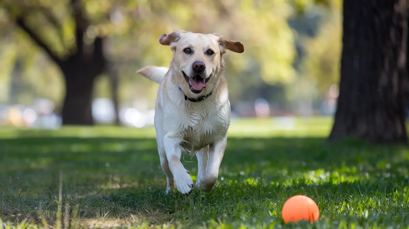 A happy Labrador Retriever in an outdoor setting, playing fetch or swimming, showcasing its active and friendly personality.