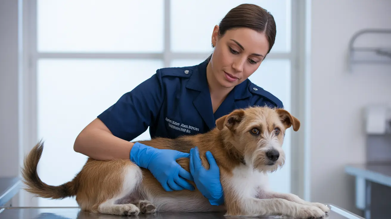 Um veterinário com jaleco azul examinando um cachorro pequeno marrom e branco sobre uma mesa de exame em uma clínica veterinária iluminada