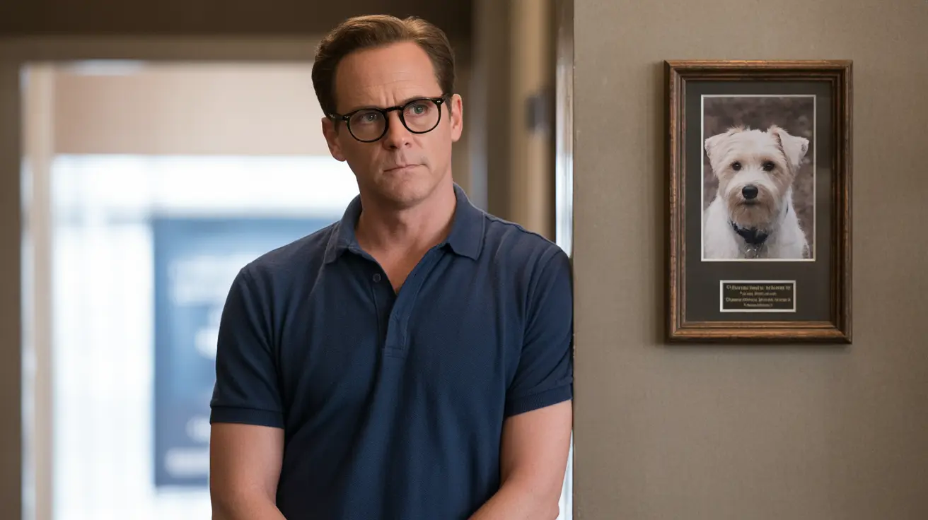 眼鏡をかけネイビーブルーのポロシャツ姿の男性が、背後に犬の肖像画が飾られたオフィスかクリニックのような場所に立っている様子