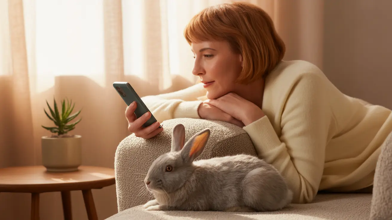 ベージュのソファでリラックスする女性と、その近くで休んでいるグレーのウサギ、女性は携帯電話を見ている様子