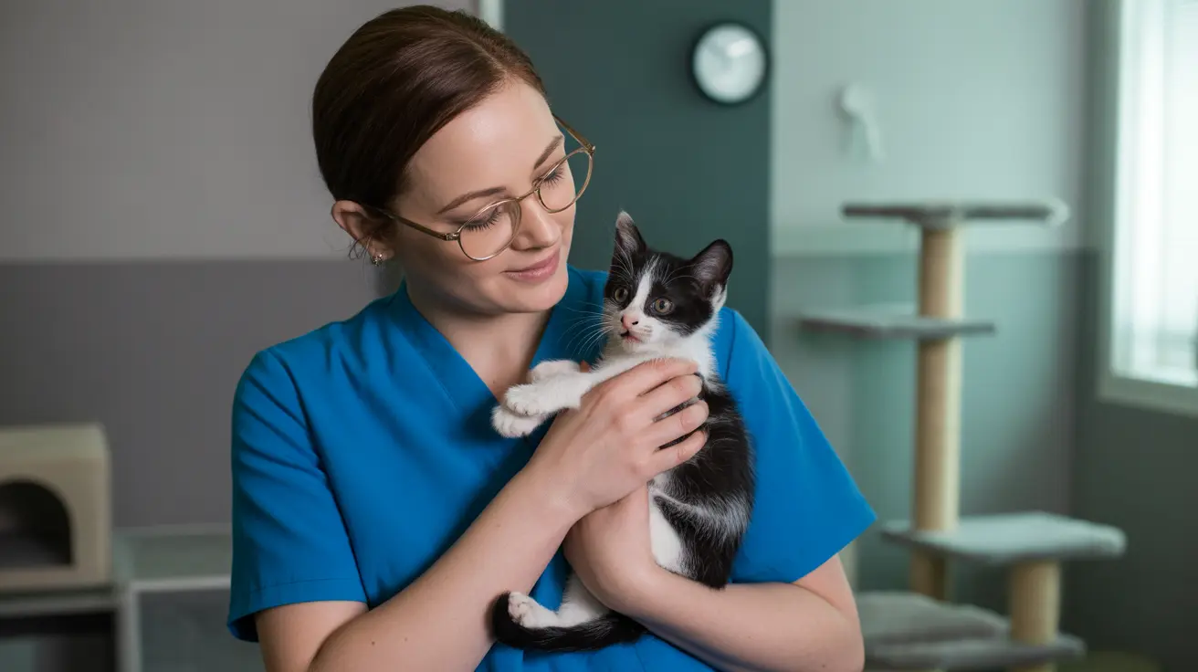 青いスクラブを着た獣医師が動物病院で白黒の子猫を優しく抱いている様子