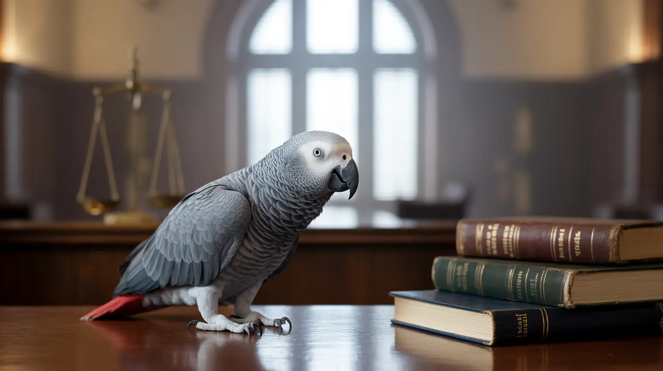 African Grey parrot perched, demonstrating talking ability related to court testimony