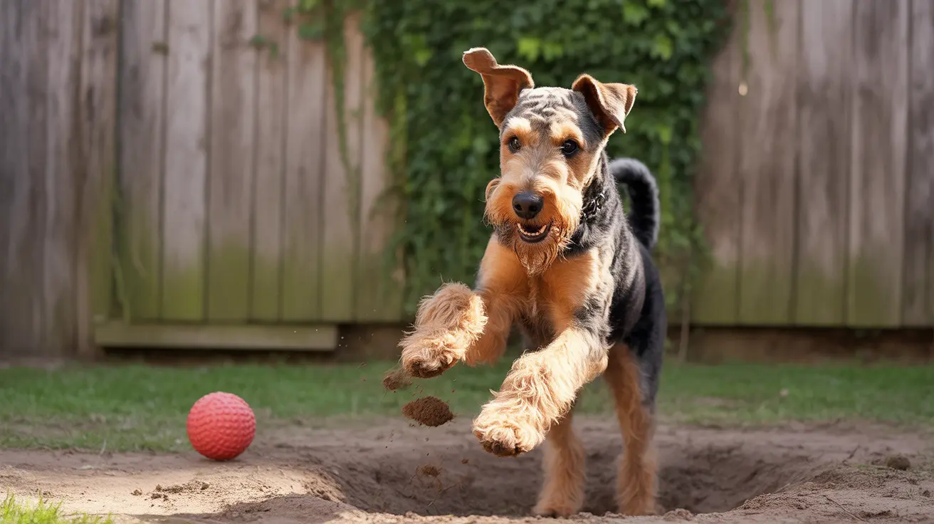 Un Airedale Terrier enérgico cavando en un patio trasero mientras persigue una pelota roja.