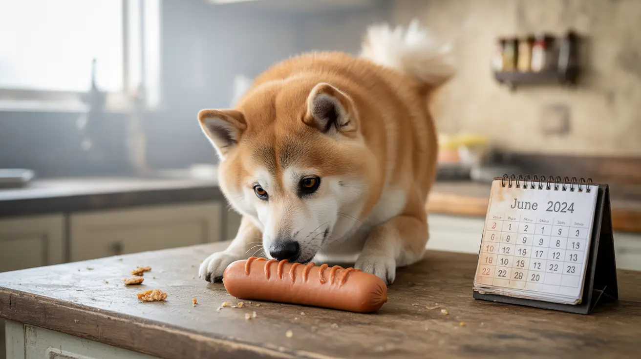 An Akita dog examining a large sausage on a wooden surface near a June 2024 calendar.