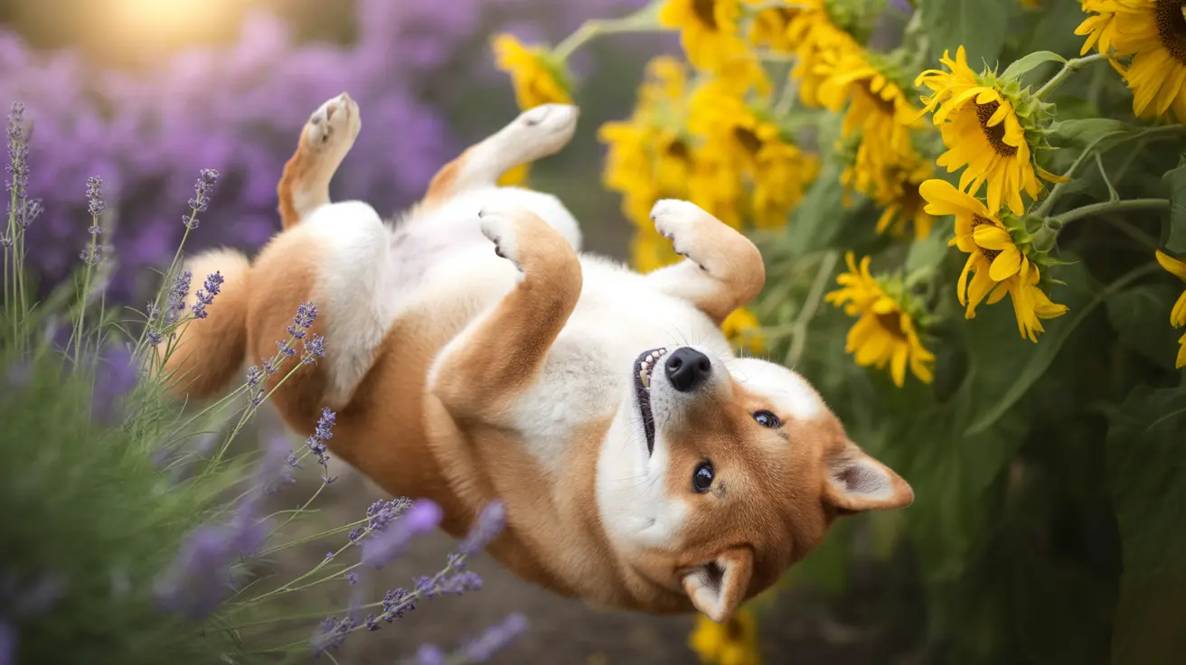 An Akita playfully rolling on its back among lavender flowers and sunflowers