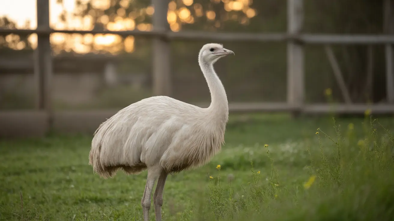 Un gran ñandú blanco de pie en un campo de hierba cerca de una estructura de cerca de madera