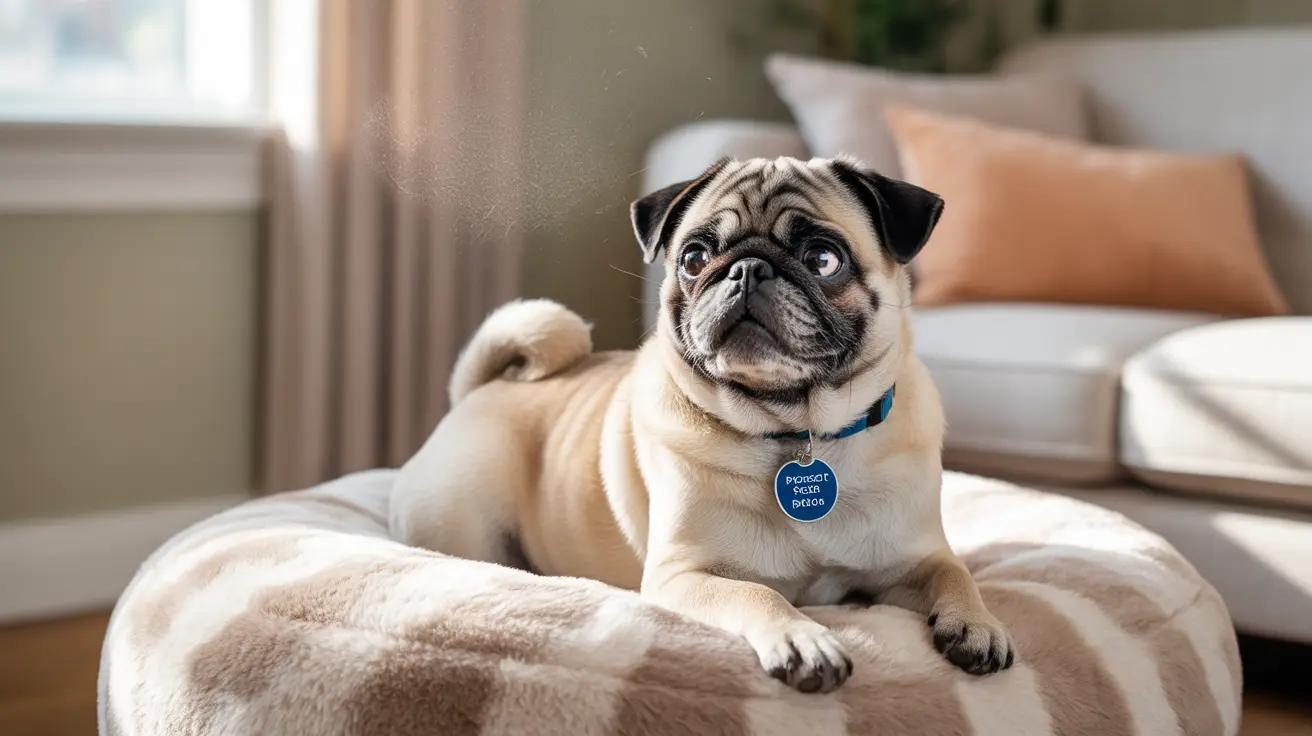 A fawn-colored Pug sitting alertly on a soft cream-colored dog bed in a modern living room setting