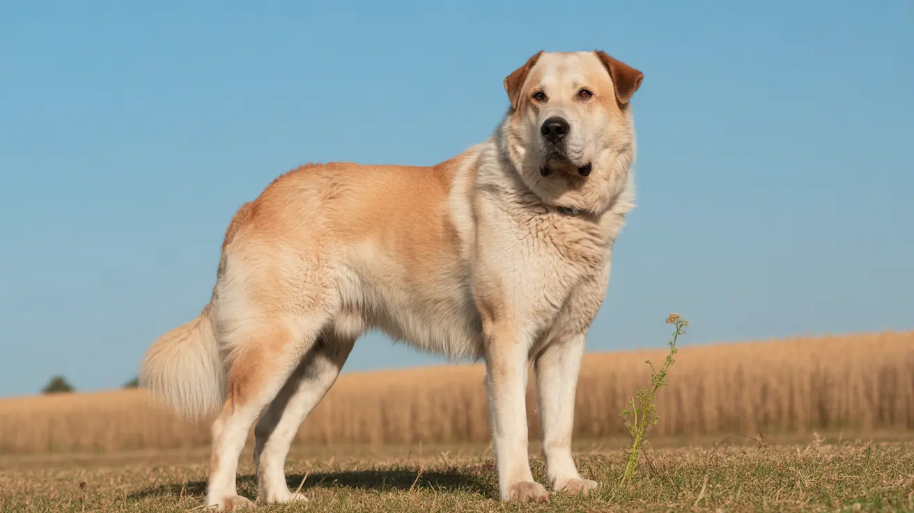 A large, muscular Anatolian Shepherd standing alert in an open field with a clear blue sky background