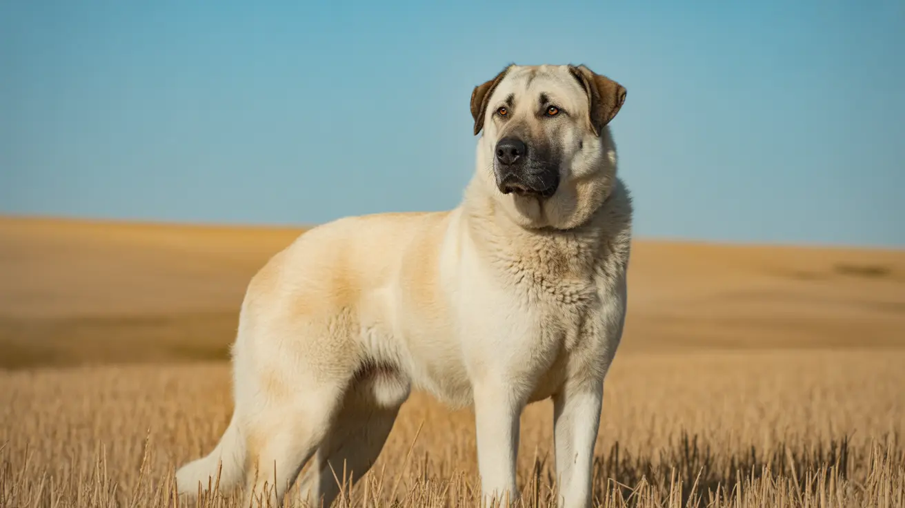 A majestic Anatolian Shepherd standing alertly in a golden wheat field under a clear blue sky.