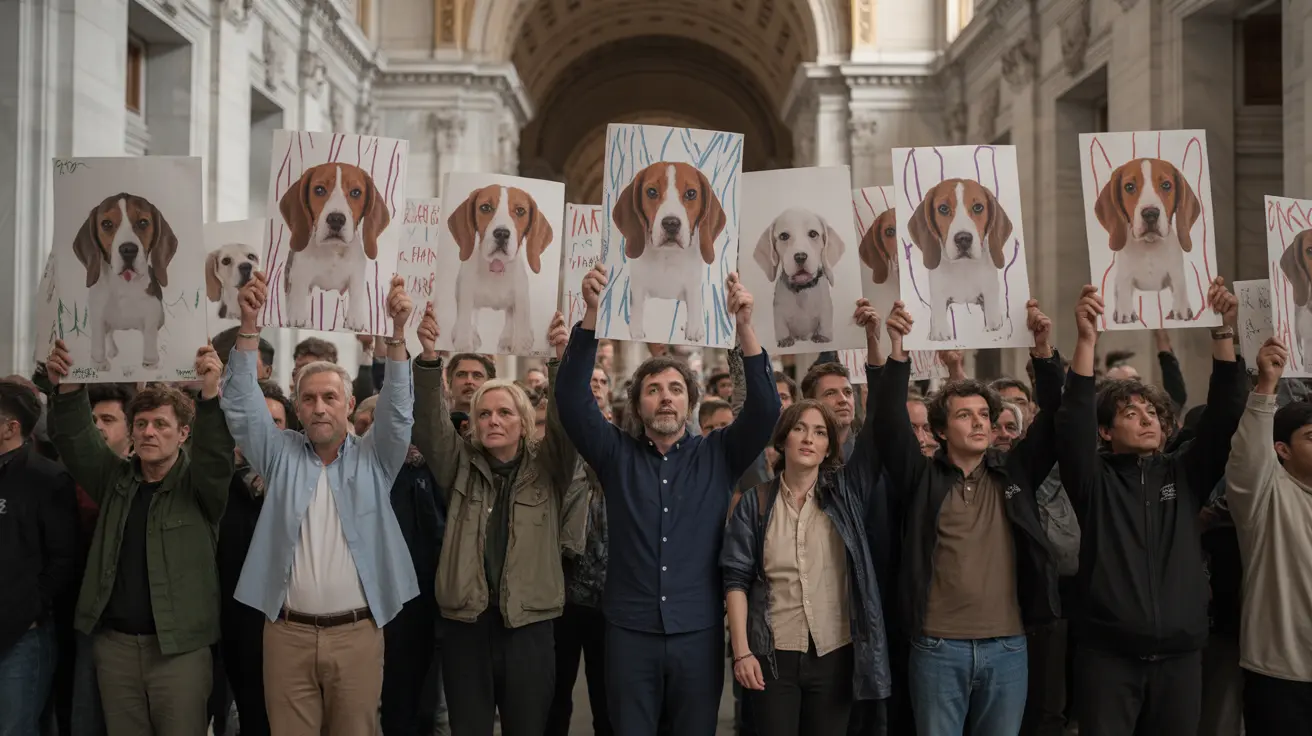 Animal rights activists protesting at Wisconsin Governor’s office holding signs demanding release of lab beagles