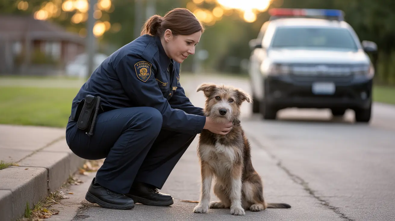 Un oficial de policía uniformado arrodillado acariciando a un perro pequeño de raza mixta en una acera junto a un vehículo patrulla