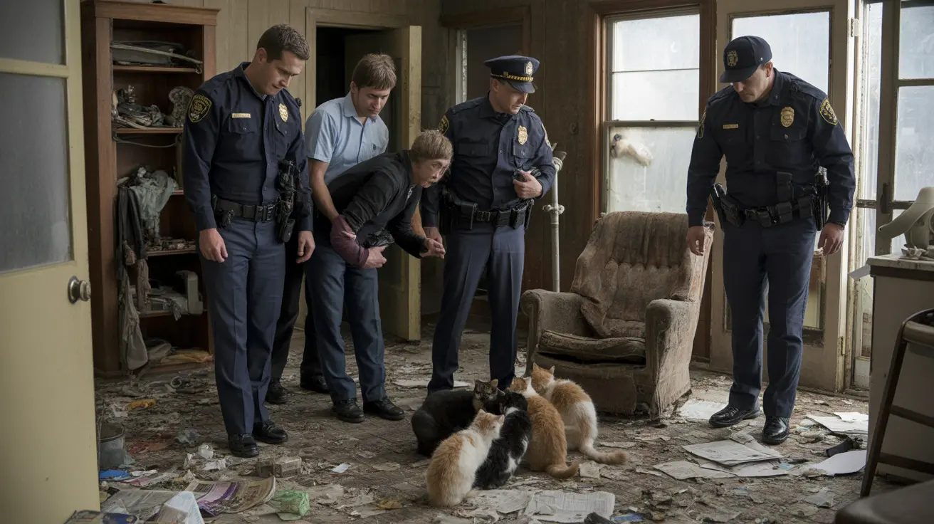 警察官が散らかった破損した部屋を調査しており、床には複数の猫ががれきの中にいる様子
