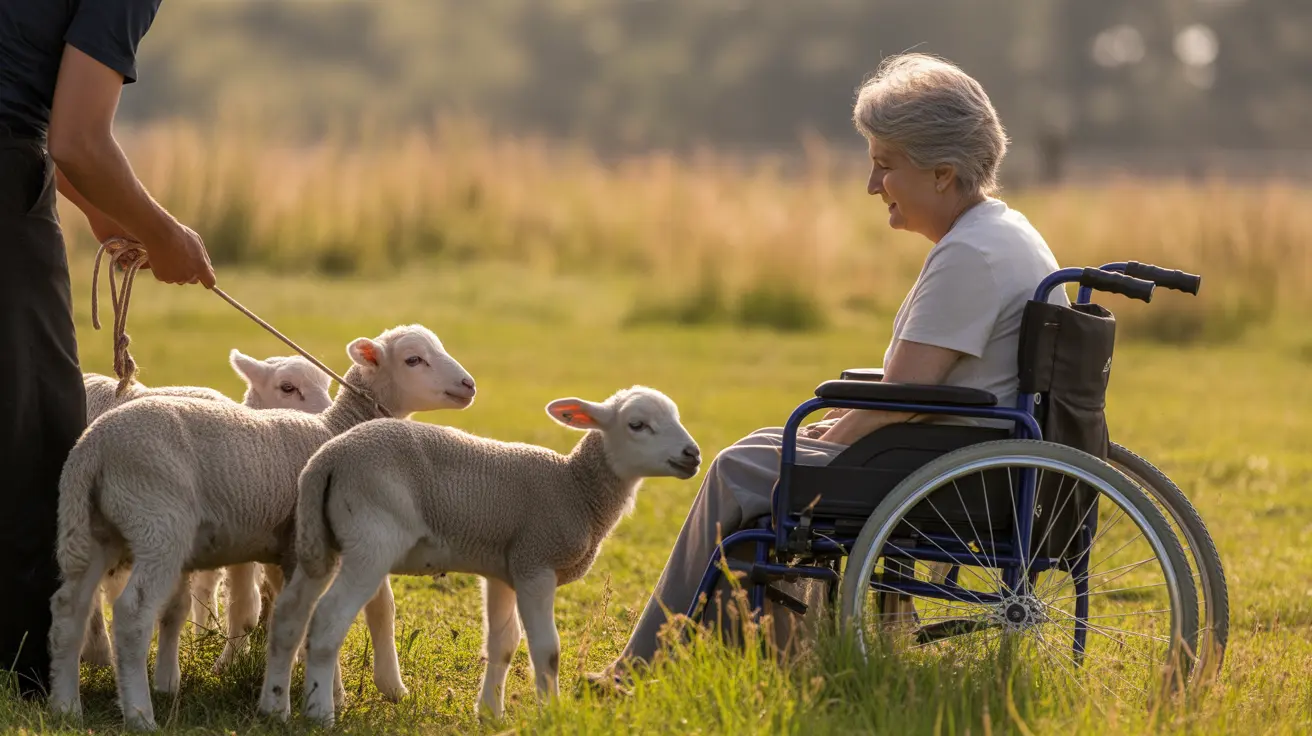 Therapy lamb being gently petted by a senior resident at a memory care community
