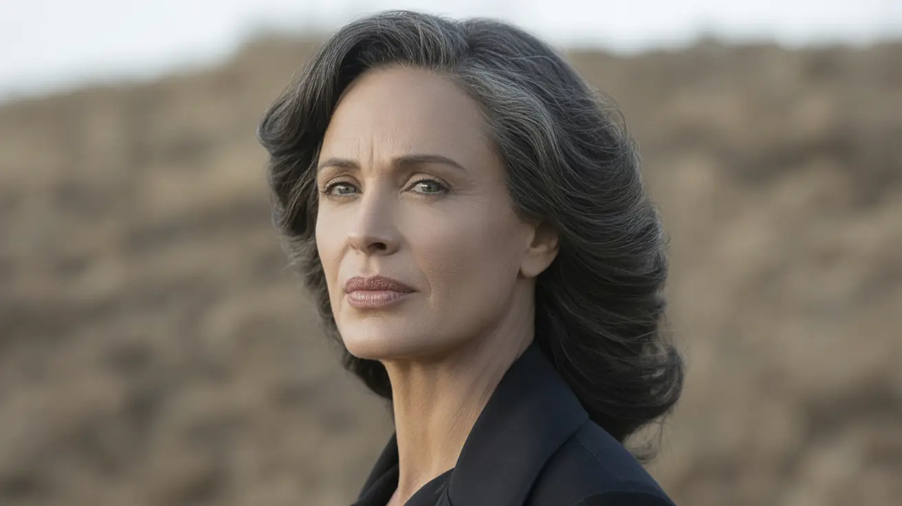 Una mujer con cabello oscuro y ondulado que lleva una chaqueta oscura, mirando pensativamente hacia la distancia en un entorno al aire libre.