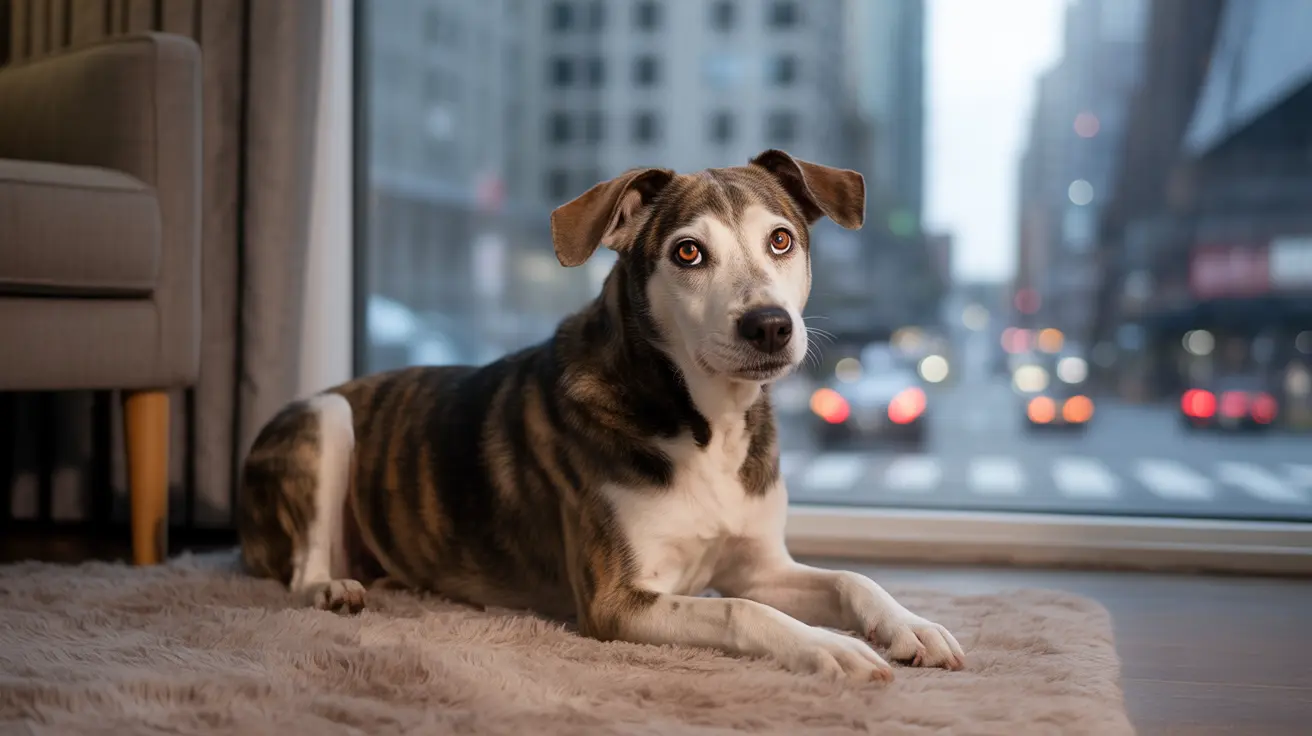 Un chien de race mixte marron et blanc allongé sur un tapis doux près d'une grande fenêtre donnant sur une rue animée de la ville.