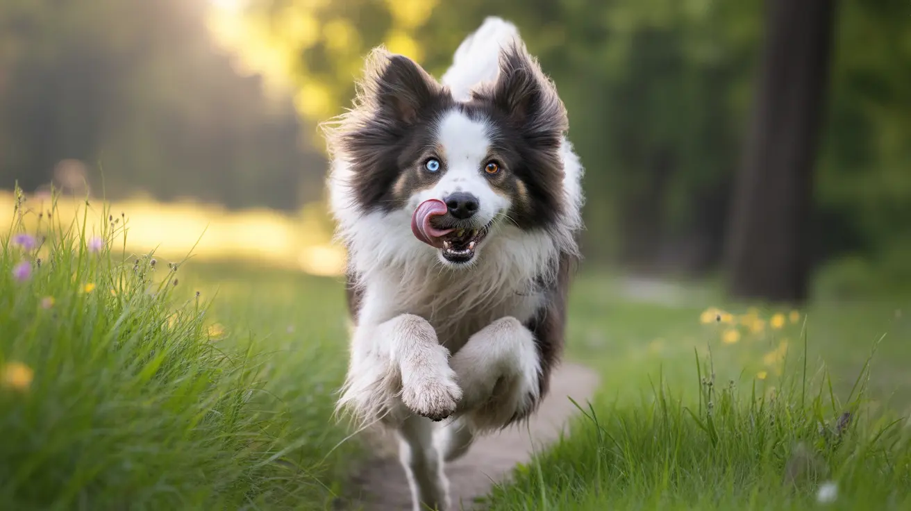 An Australian Shepherd with heterochromatic eyes leaping through a field with wildflowers