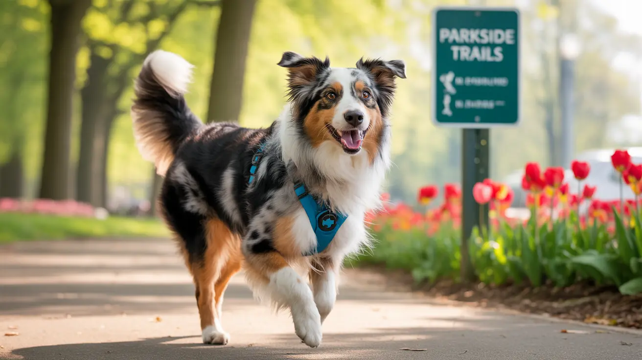 Australian Shepherd on park trail wearing blue harness with tulips