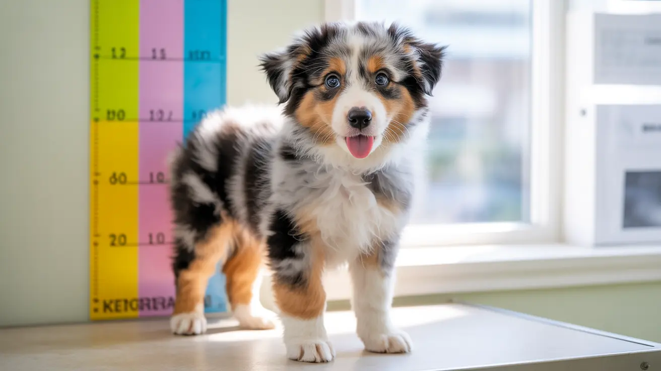 A young Australian Shepherd puppy standing on a table with a height measurement chart in the background