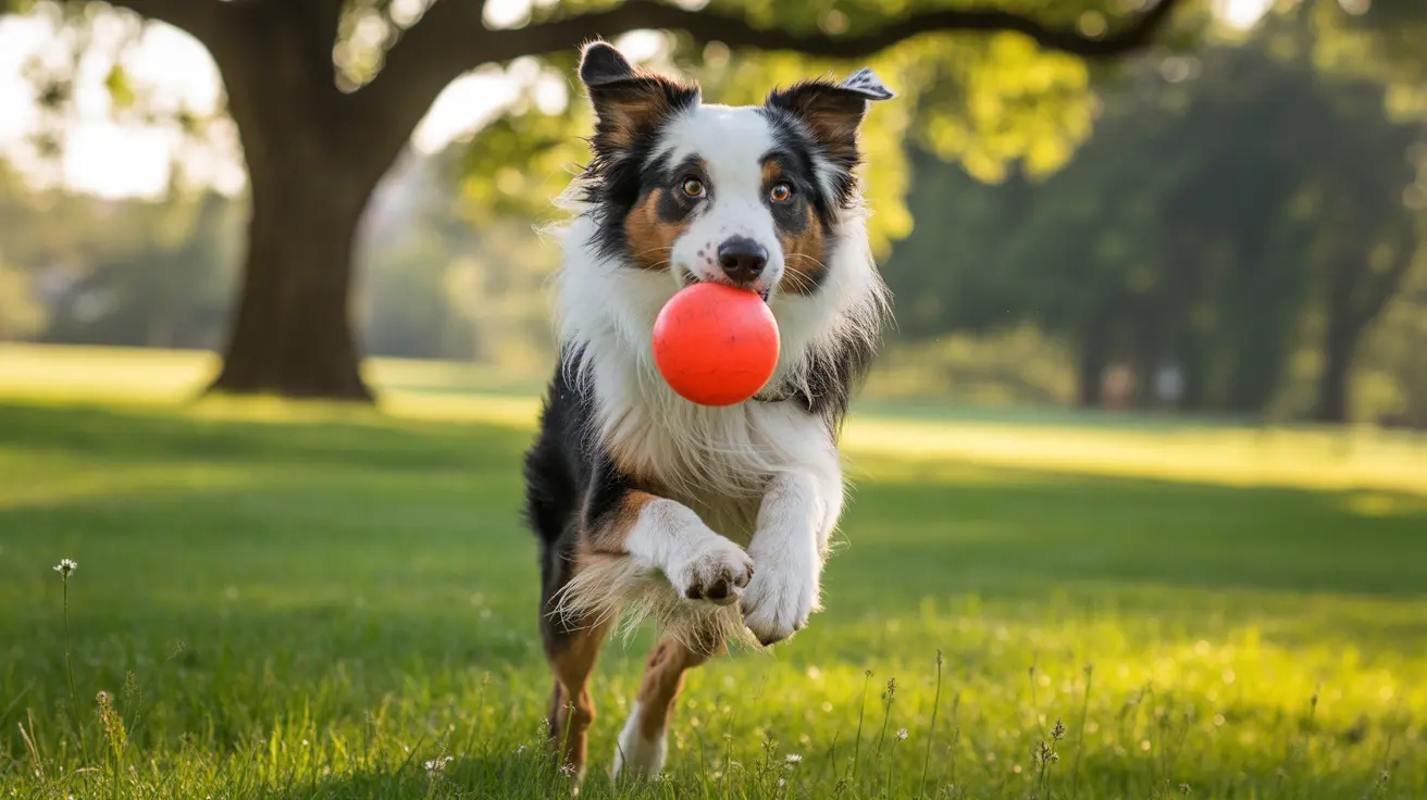 An Australian Shepherd running with a bright red ball in its mouth through a park