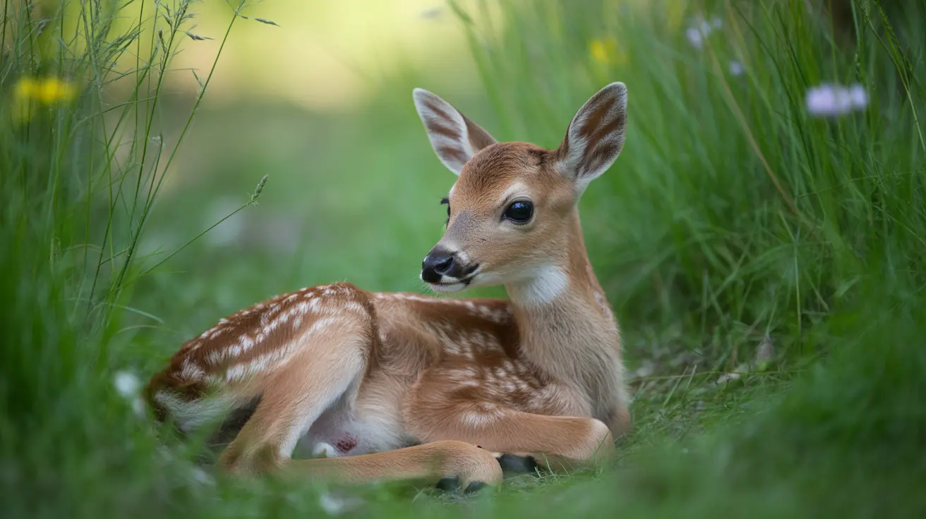 A baby deer fawn resting alone in the woods with dappled sunlight on its spotted coat