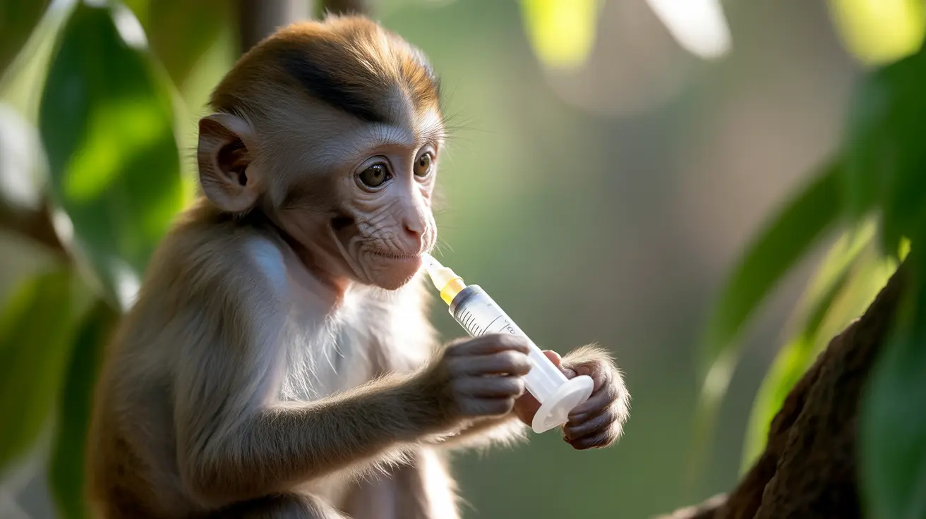 哺乳瓶でミルクを飲む若い猿が青々とした自然豊かな環境にいる様子