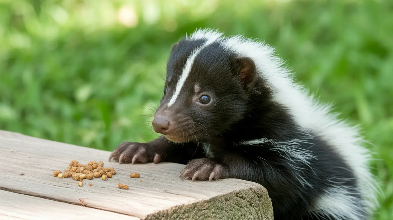 A skunk raising its tail warning a dog during mating season