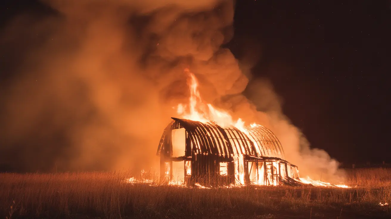 Burnt barn structure after fire with destroyed farm animal housing in Aurelius
