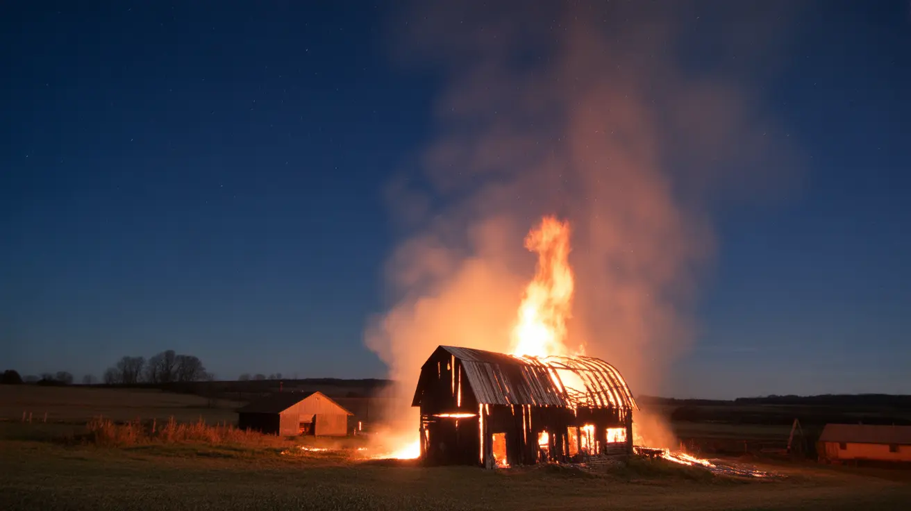Burned down barn with emergency response indicating tragic livestock barn fire in rural farm setting