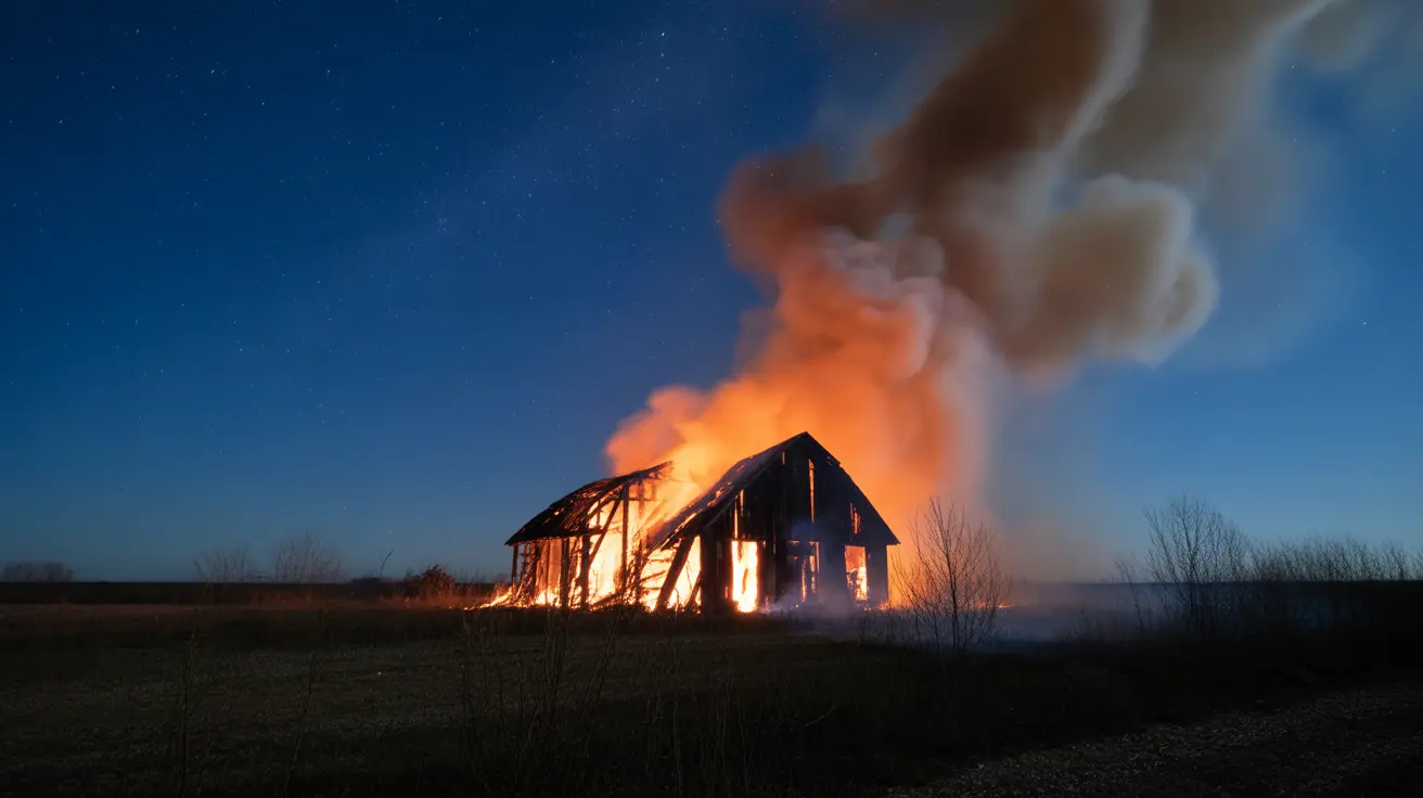 Burned barn structure after devastating fire with damaged farm equipment outside