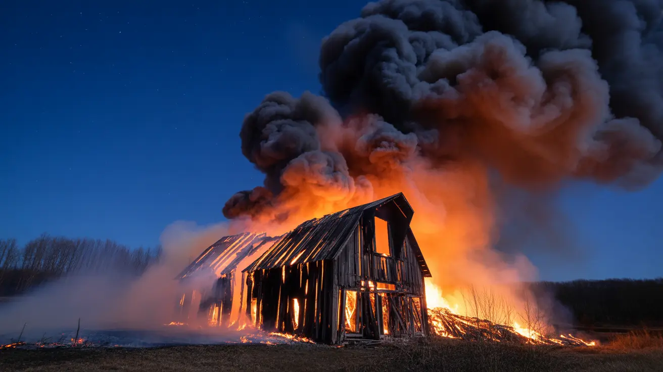 Burned barn ruins after a devastating fire in a rural farm setting