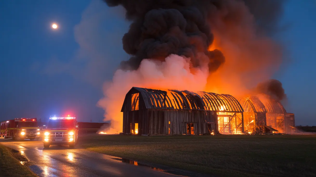 Un gran granero envuelto en llamas con camiones de bomberos respondiendo a la emergencia durante horas del crepúsculo.