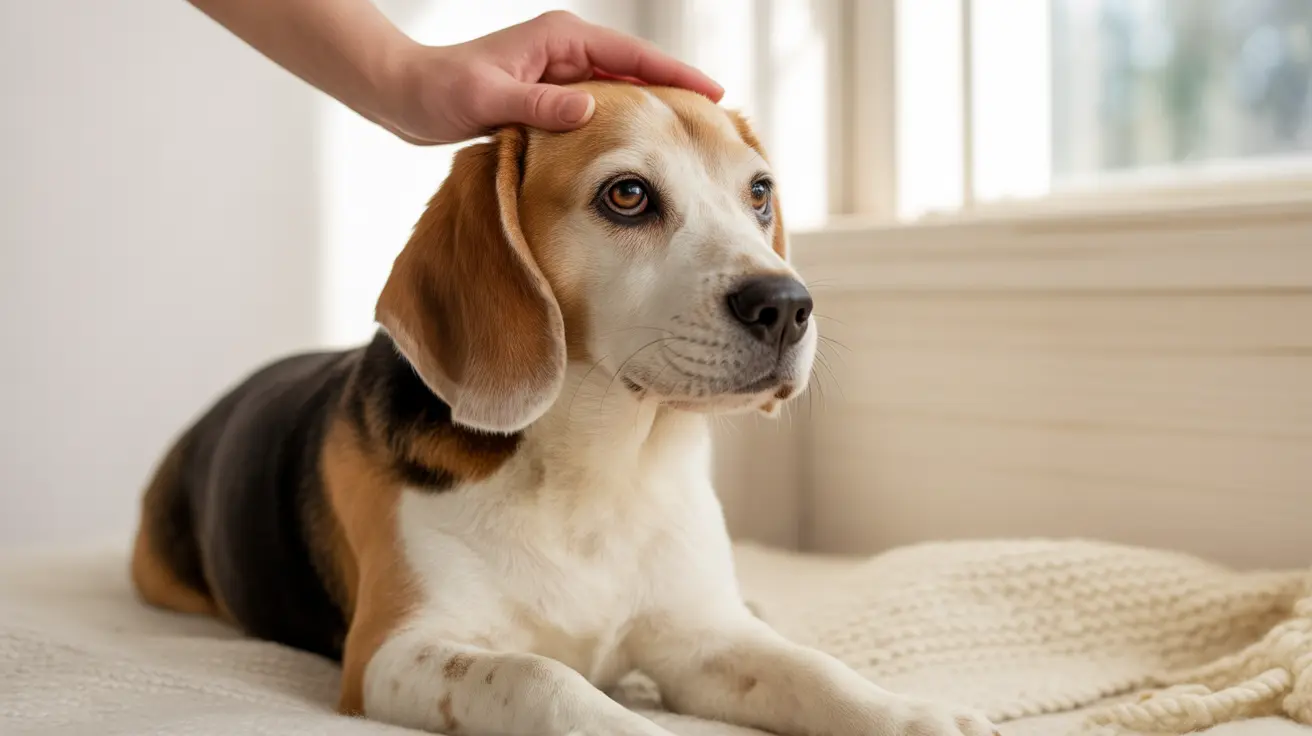 Un Beagle avec des marques tricolores classiques allongé sur une couverture couleur crème doucement caressé par une main humaine