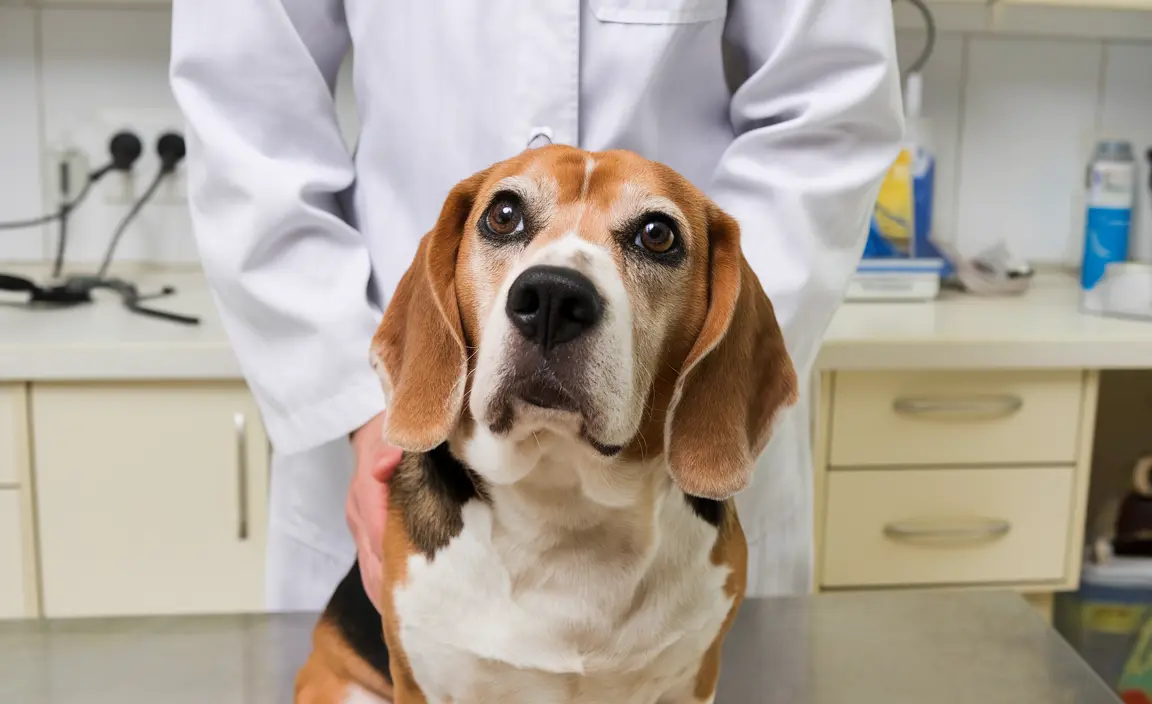 A Beagle with a broad face sits curiously in a vet clinic