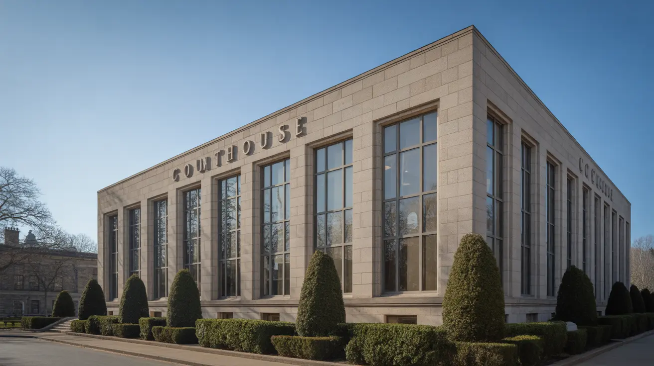 Un imponente edificio de tribunal con fachada de piedra caliza y grandes ventanas bajo un cielo azul claro
