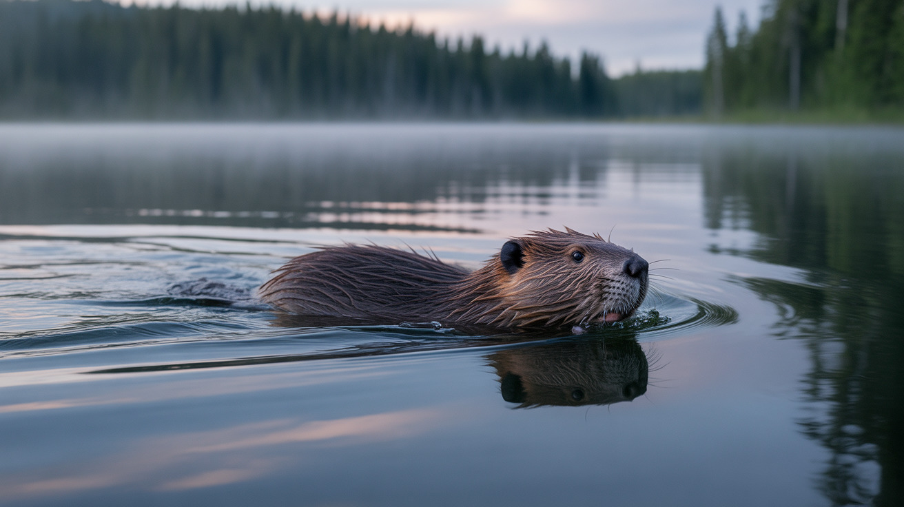 穏やかな湖の水面を泳ぐビーバー、その姿が水面に映っている