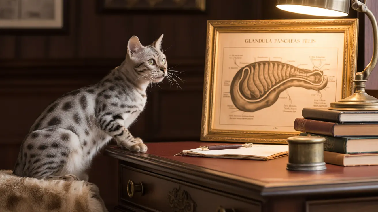 A Bengal cat sitting on an antique wooden desk near a framed anatomical diagram of a cat's pancreas