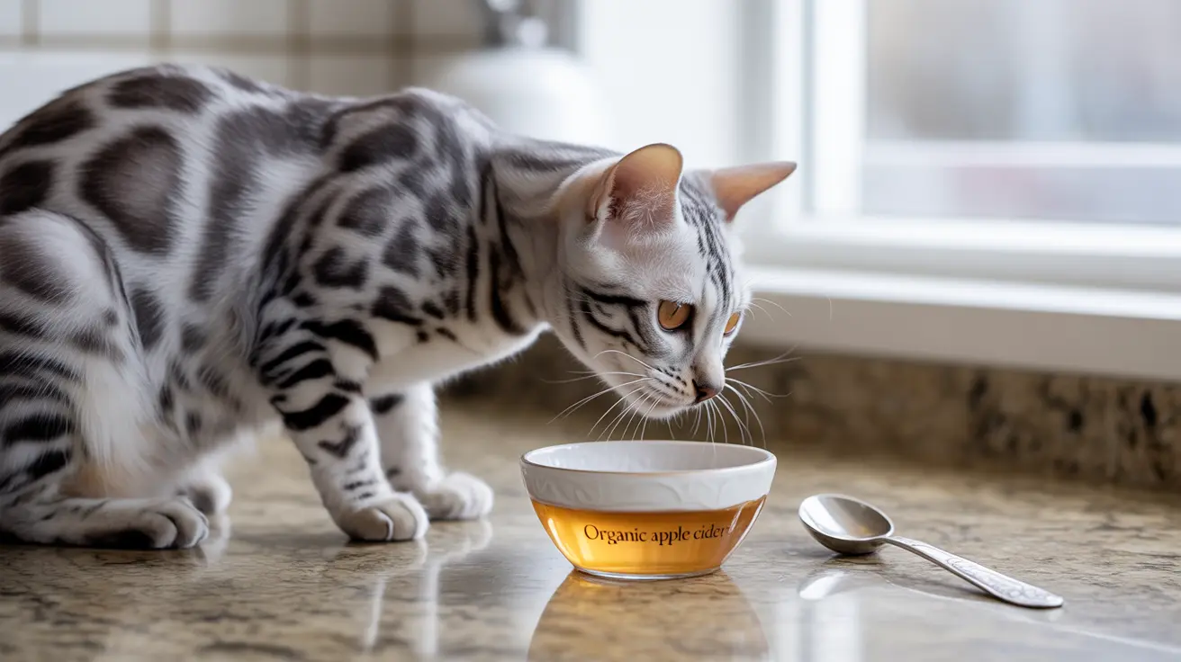 Un gato Bengal plateado con manchas negras investigando un cuenco de vinagre de sidra de manzana orgánico junto a una ventana