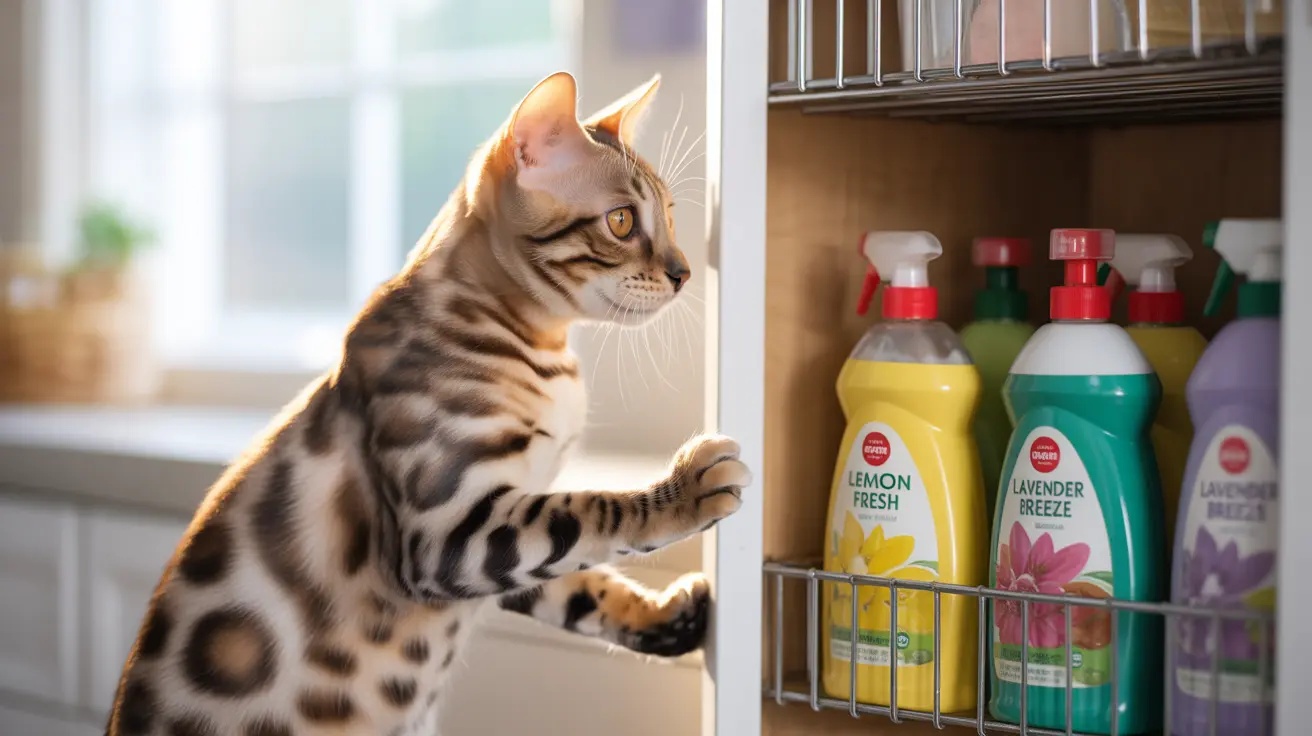 Bengal cat reaching towards cleaning product bottles in a kitchen cabinet