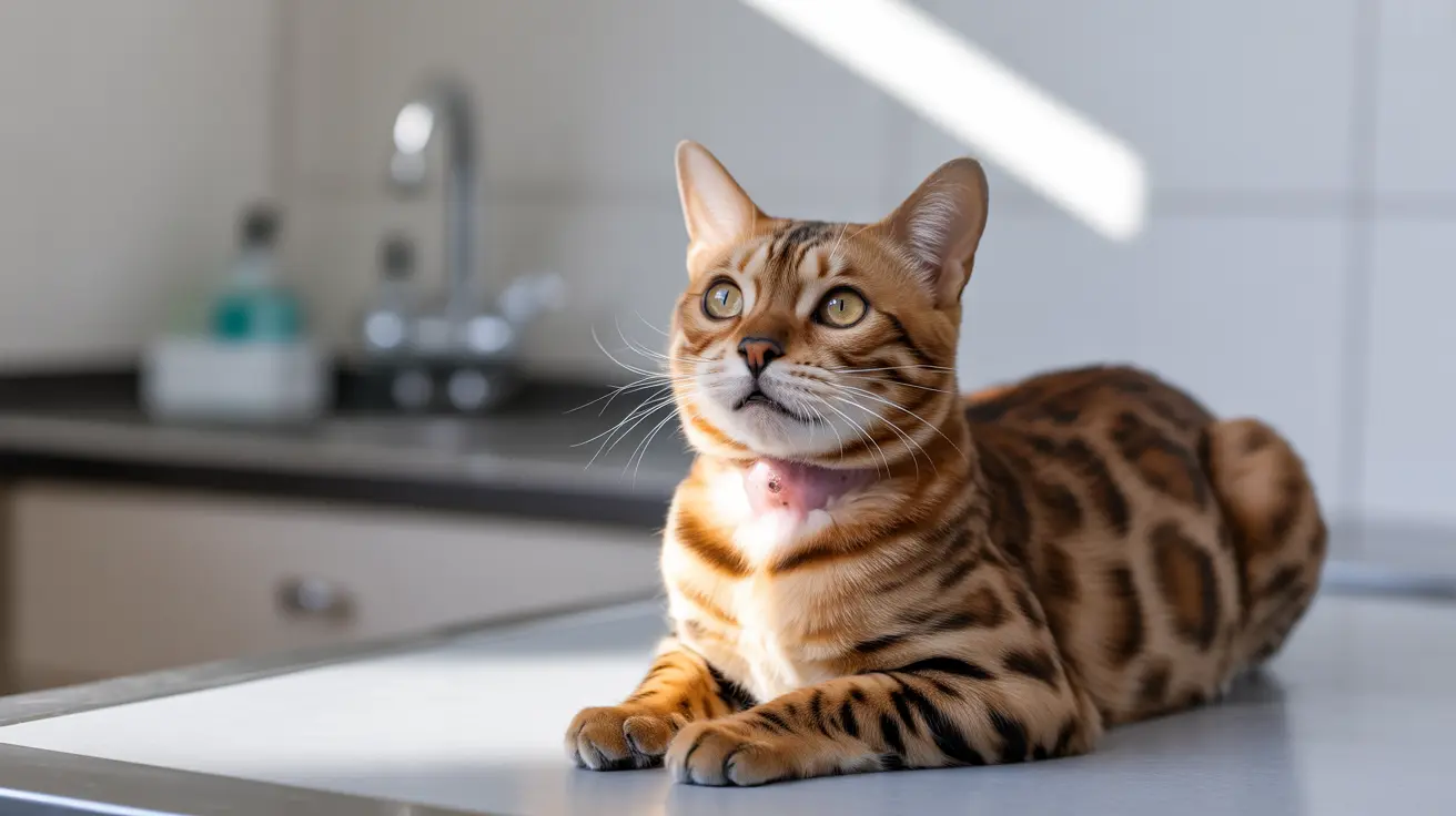 A Bengal cat lounging on a sleek kitchen counter with leopard-like spotted fur