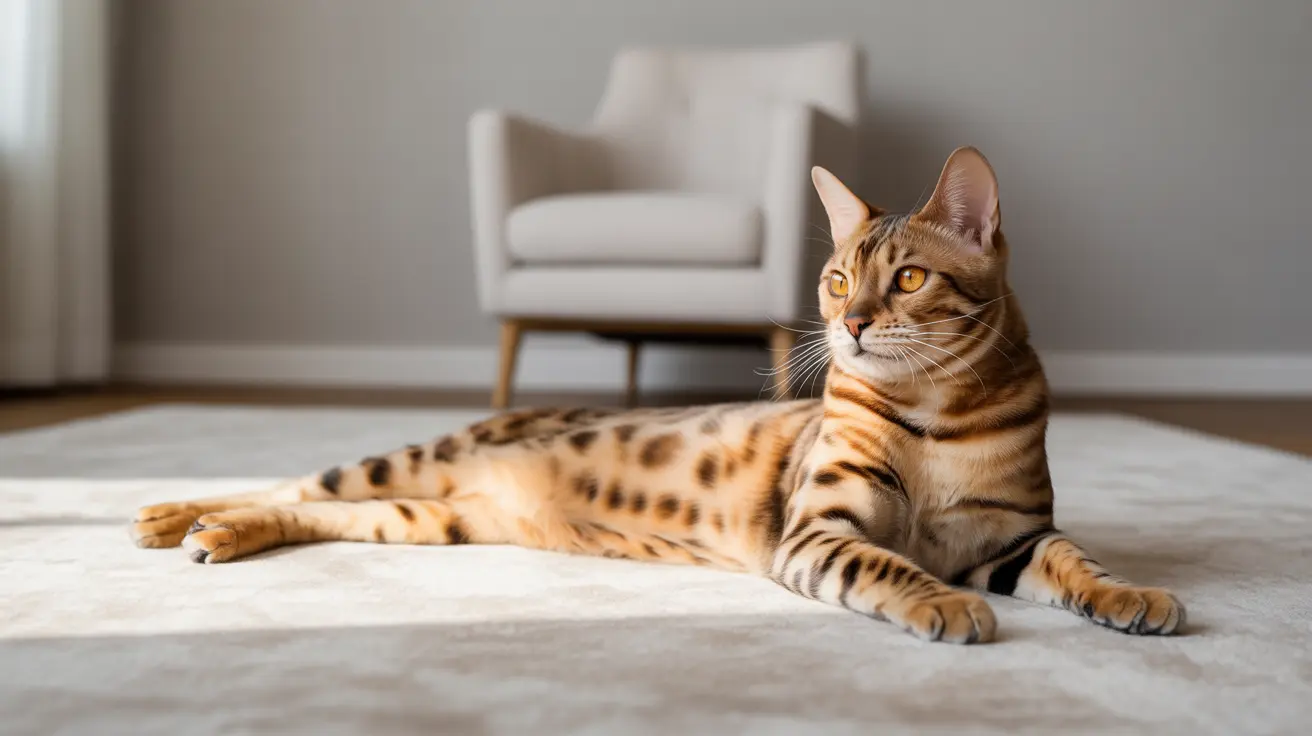 A lively Bengal cat in a sunlit room with sleek spotted fur on a plush carpet