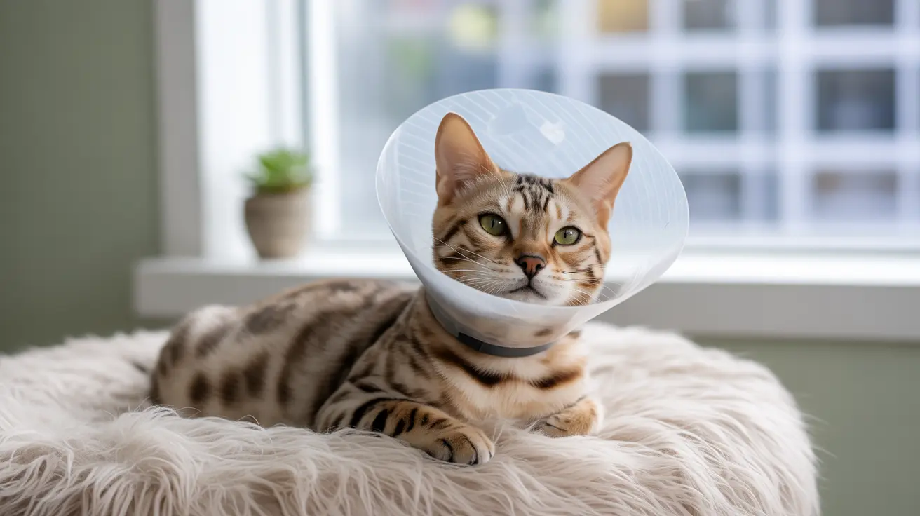 A Bengal cat wearing a protective medical cone on a fluffy white rug near a window