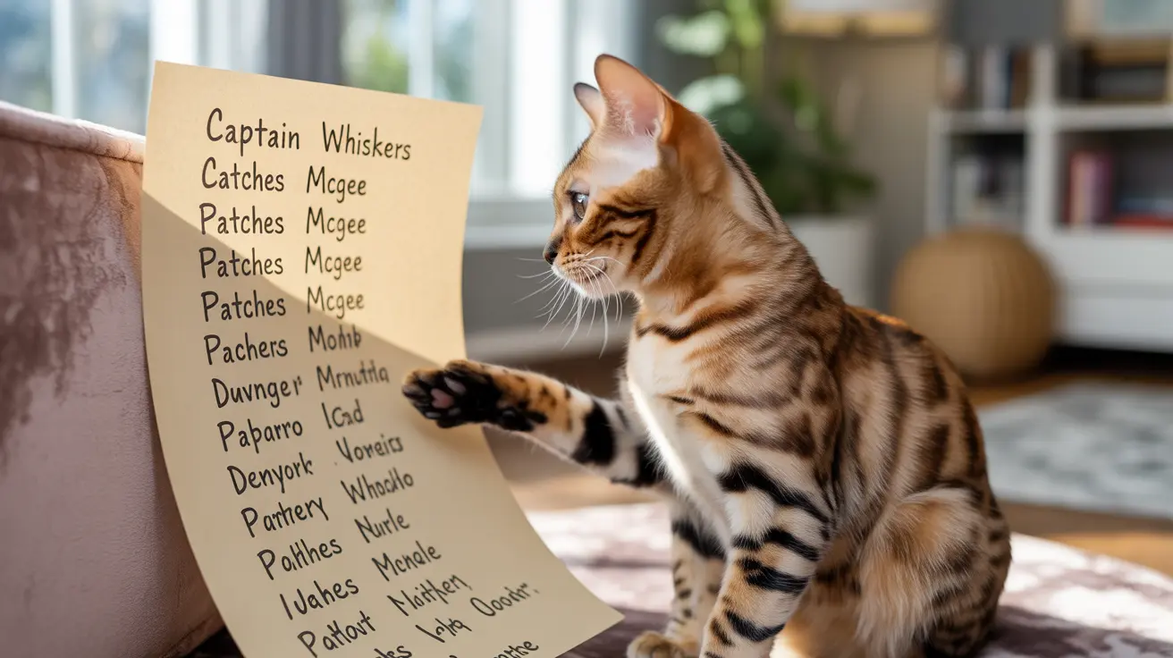 A Bengal cat sitting next to a long list of seemingly nonsensical names and words