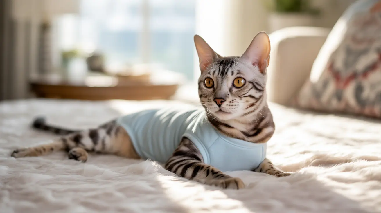 A Bengal cat wearing a light blue shirt resting on a soft white blanket near a sunlit window