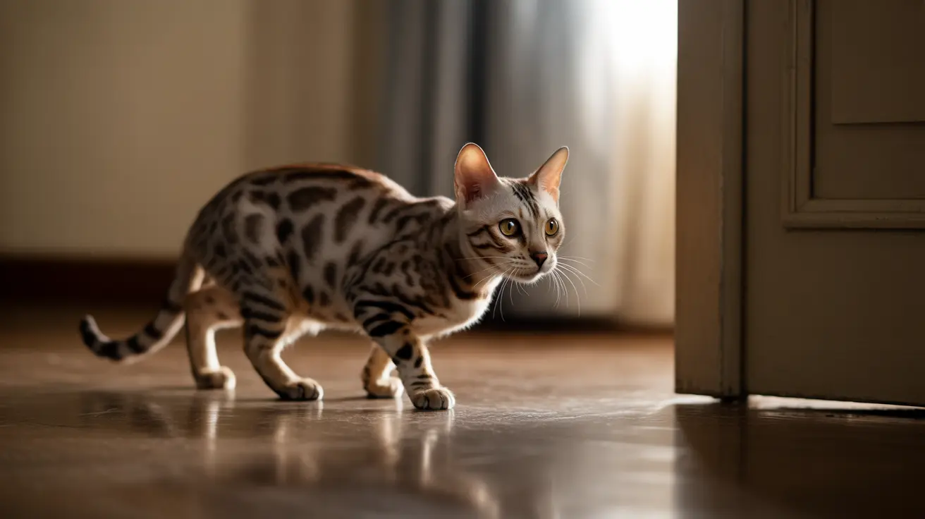 A Bengal cat with a leopard-like spotted coat walking across a wooden floor near a window and door.